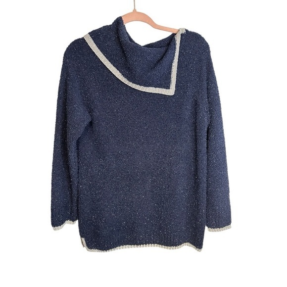 Crown & Ivy Navy Blue Bouclé Knit Sweater w/ Silver Trim – Size M - Picture 2 of 6